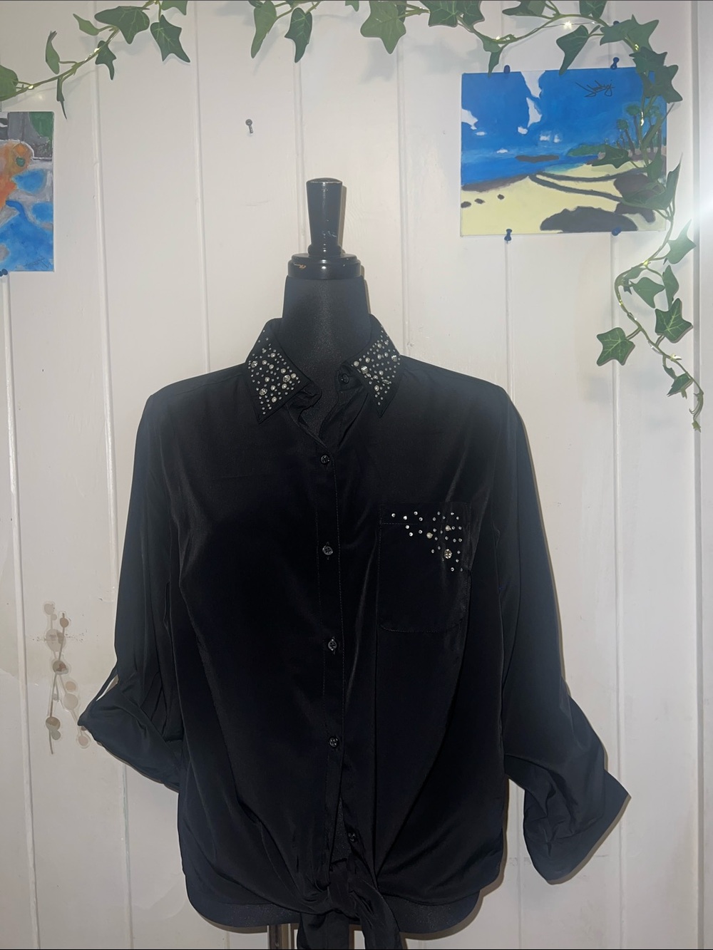 ❤️‍🔥❤️Style coBlack Studded Collar Button-Up Shirt - Classic women shirt
